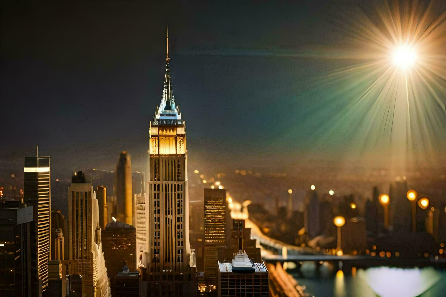 the empire state building is lit up at night. AI-Generated photo