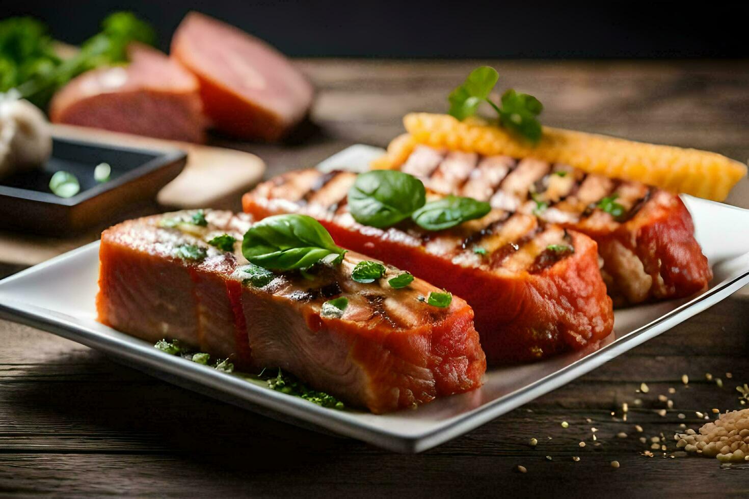 grilled salmon on a plate with vegetables and spices. AI-Generated photo