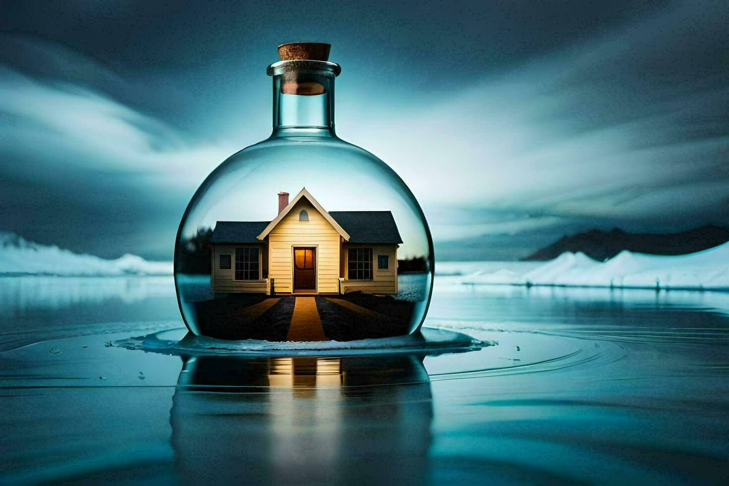 a house in a bottle on the water. AI-Generated photo