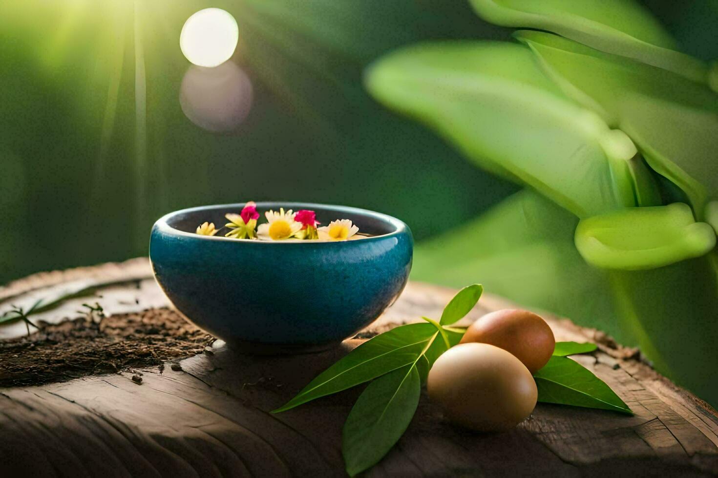 a bowl of food with eggs and plants on a wooden table. AI-Generated photo