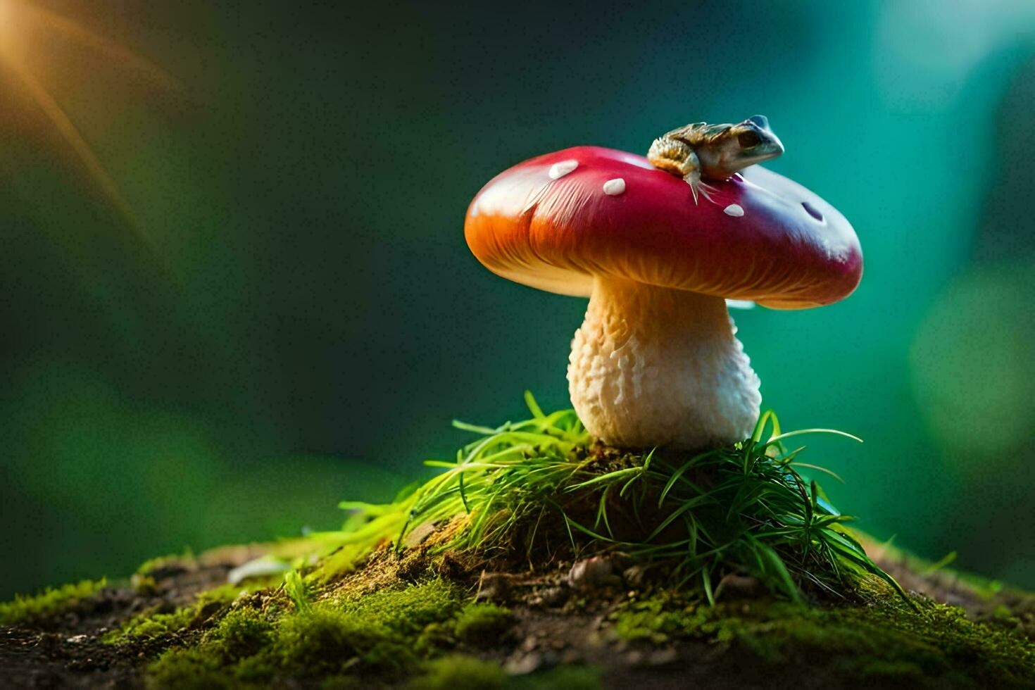 a small frog sits on top of a mushroom. AI-Generated photo