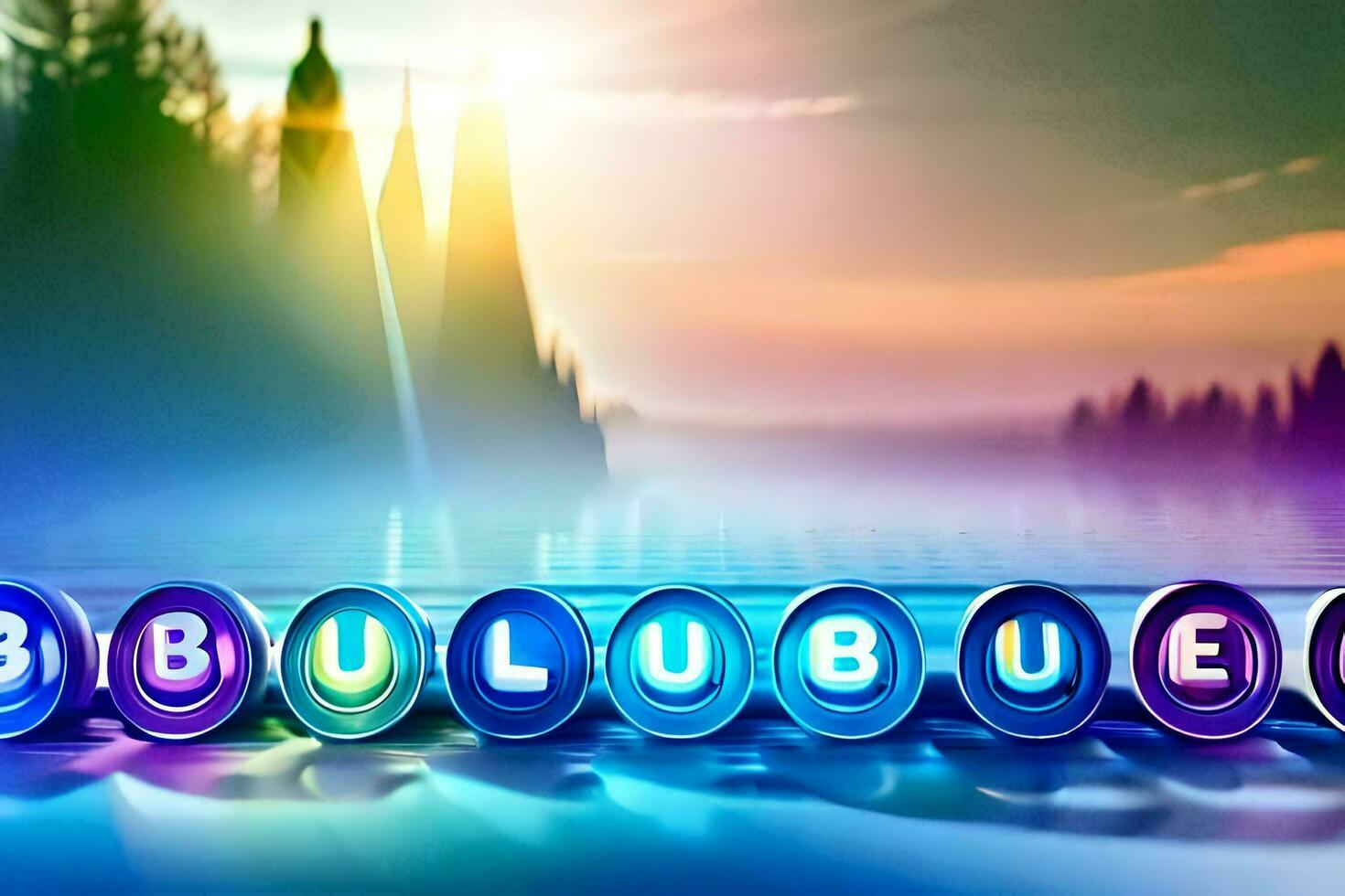 the word bubblebuzzed in front of a lake. AI-Generated photo