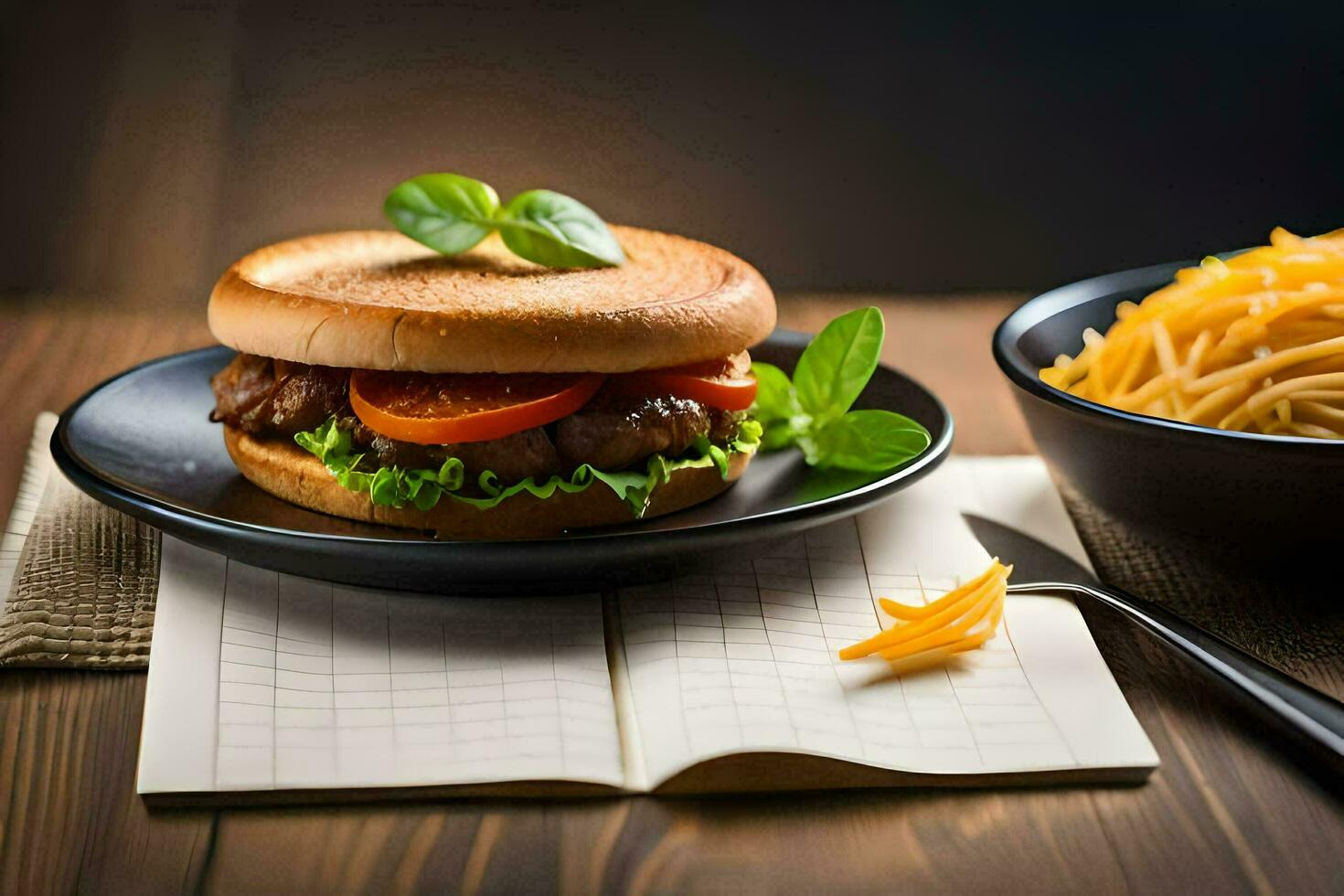 a hamburger and a plate of pasta are on a table. AI-Generated photo