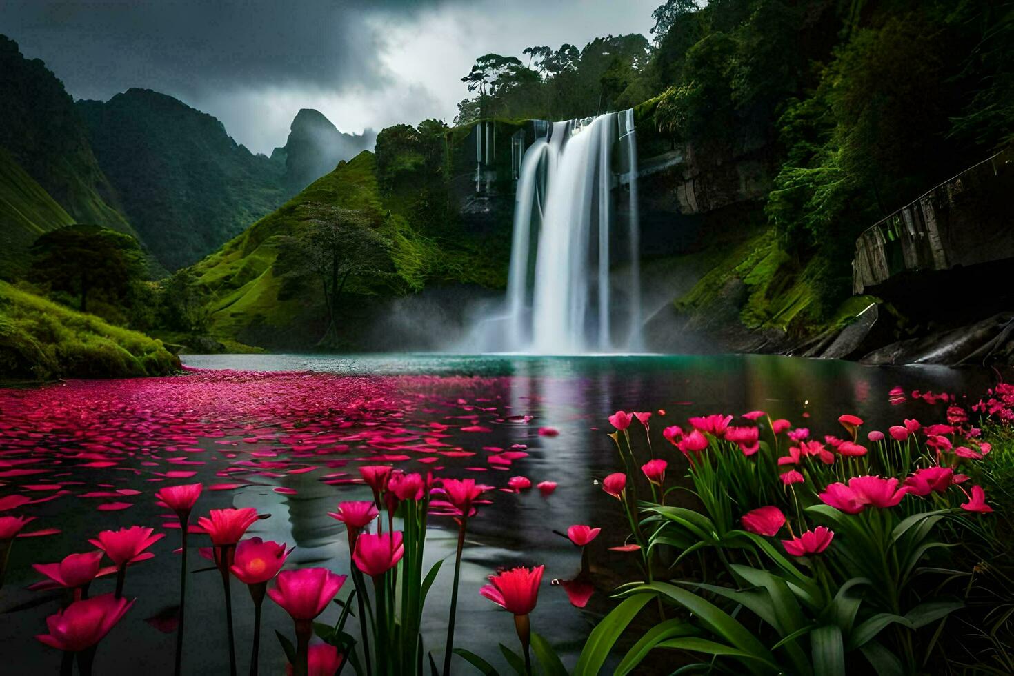 el cascada es rodeado por rosado flores y un oscuro cielo. generado por ai foto