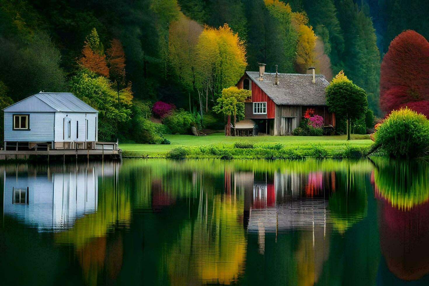a house sits on the edge of a lake surrounded by colorful trees. AI-Generated photo