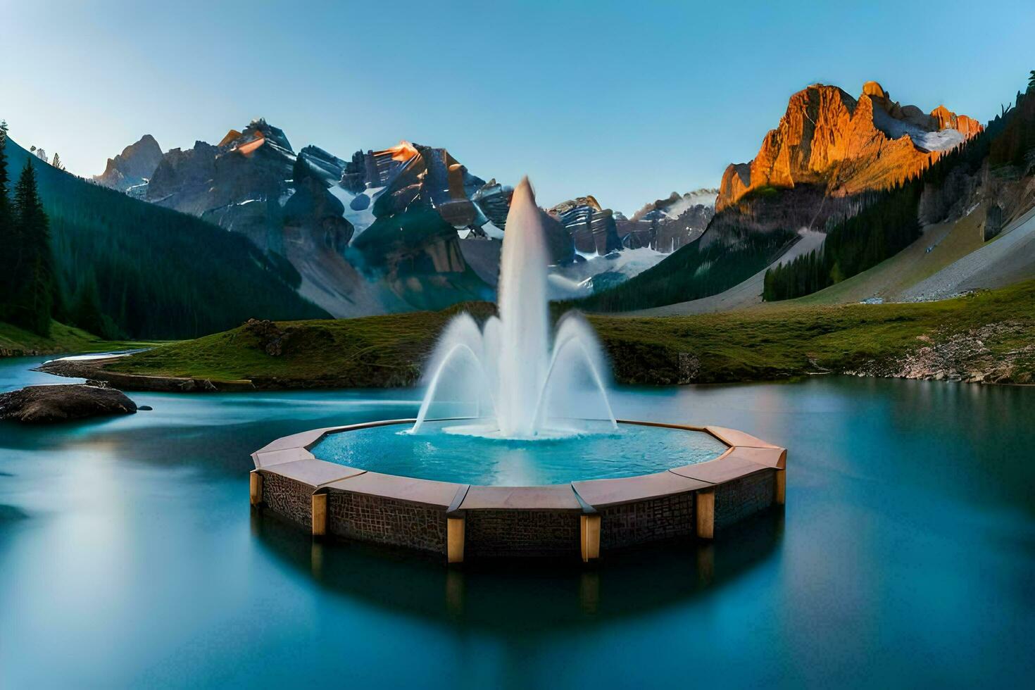 a fountain in the middle of a lake surrounded by mountains. AI-Generated photo