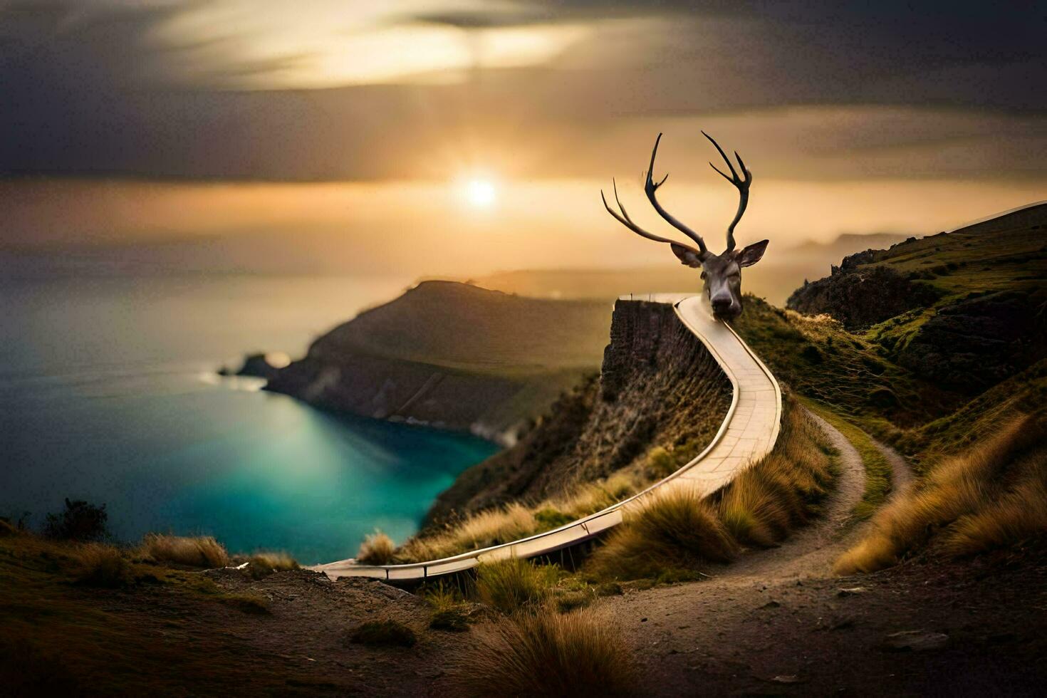 a deer head on a cliff overlooking the ocean. AI-Generated photo