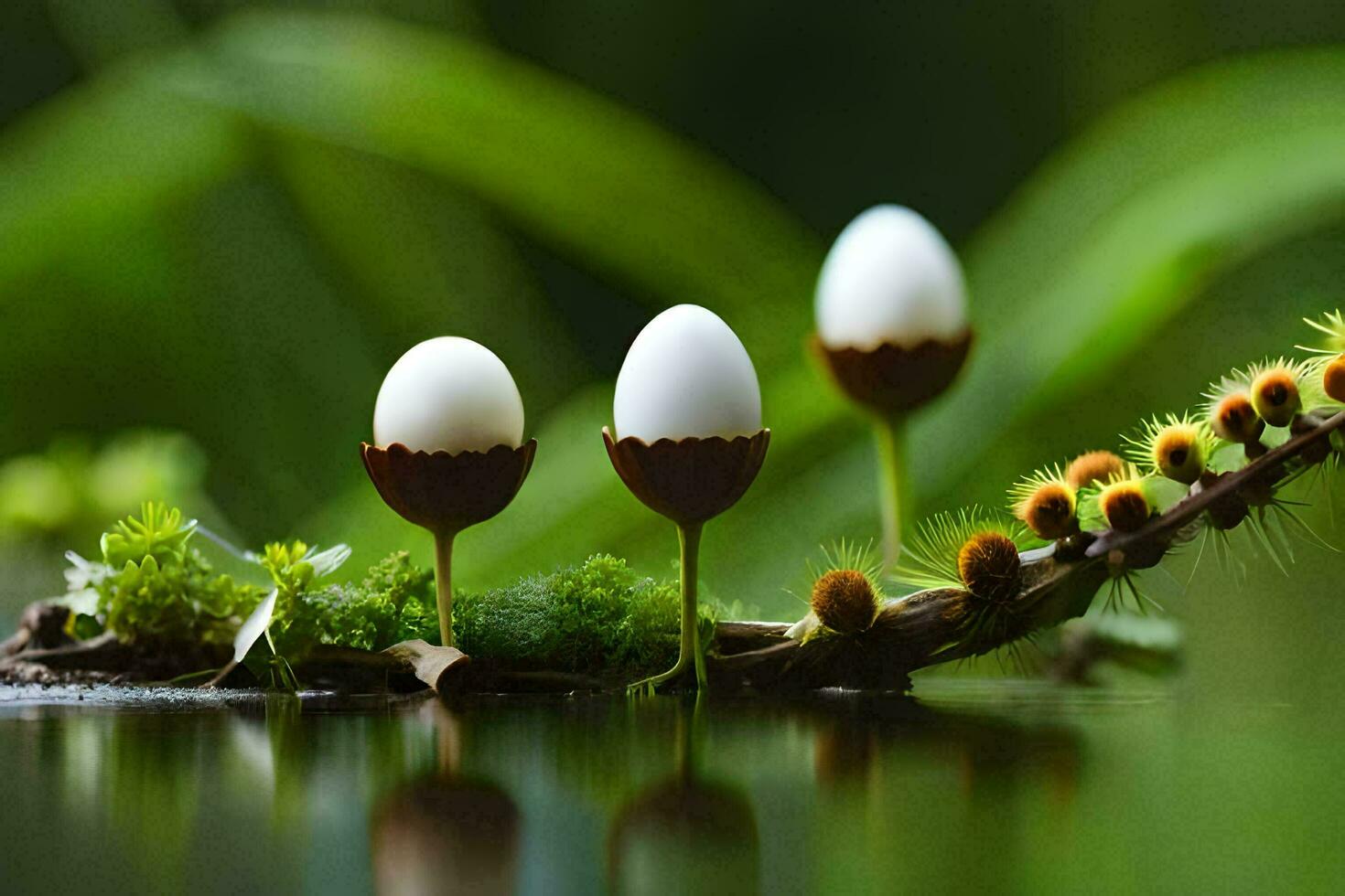 three eggs are sitting on a branch in the water. AI-Generated photo