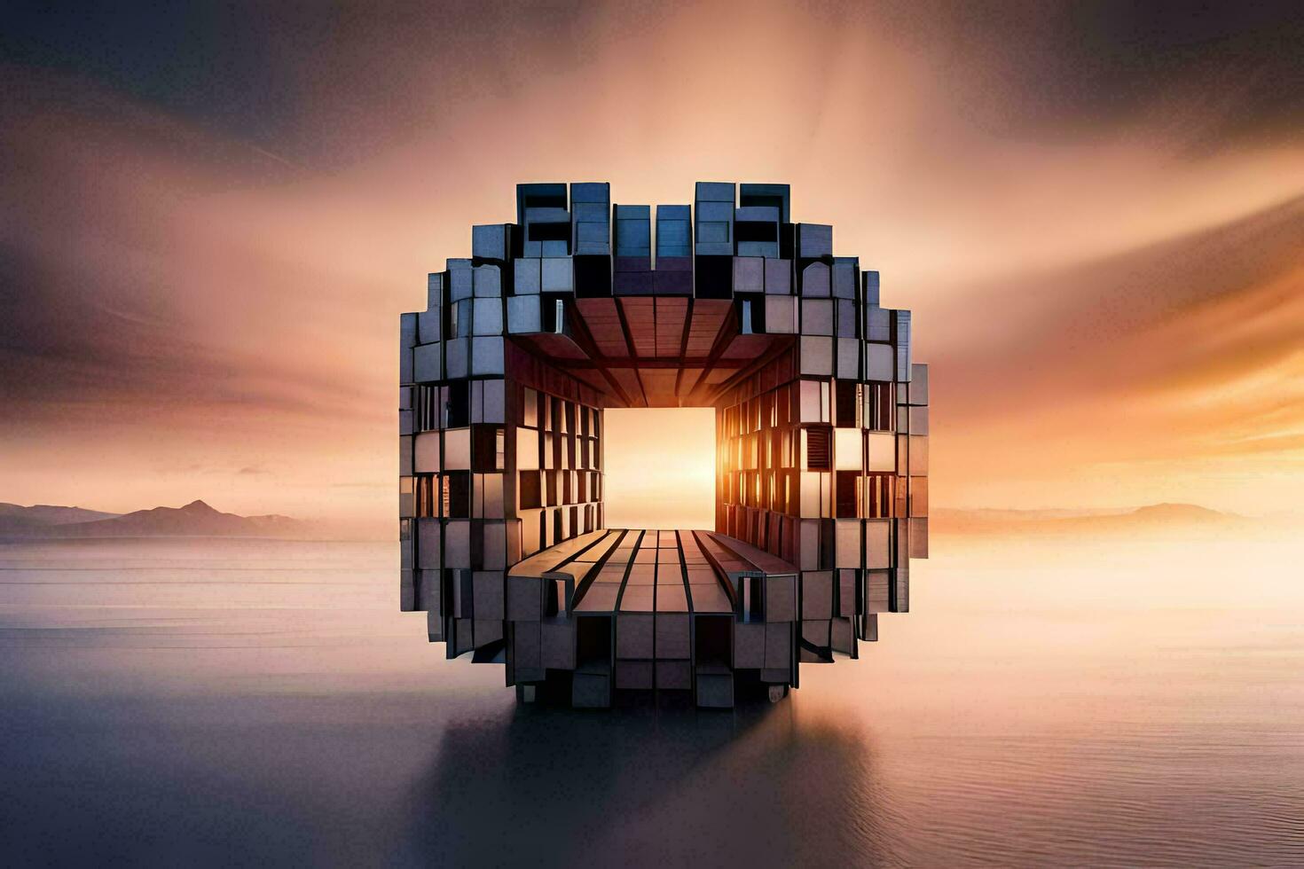 a large cube shaped object in the middle of the water. AI-Generated photo