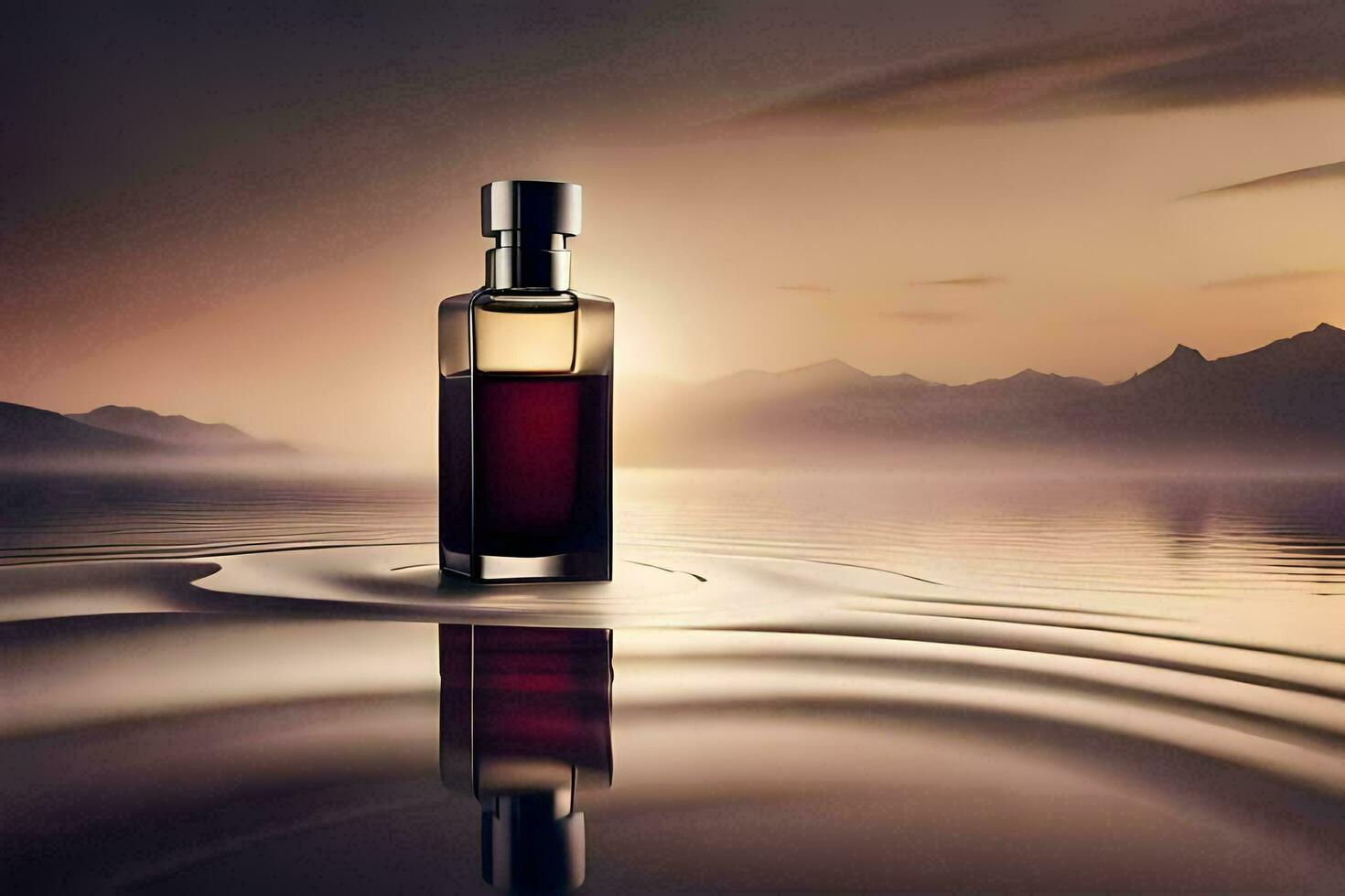 a bottle of perfume sitting on the water with mountains in the background. AI-Generated photo