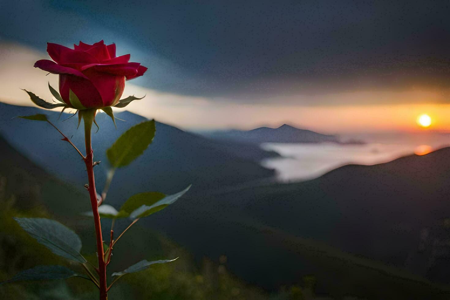 un soltero rojo Rosa es visto en frente de un montaña a puesta de sol. generado por ai foto