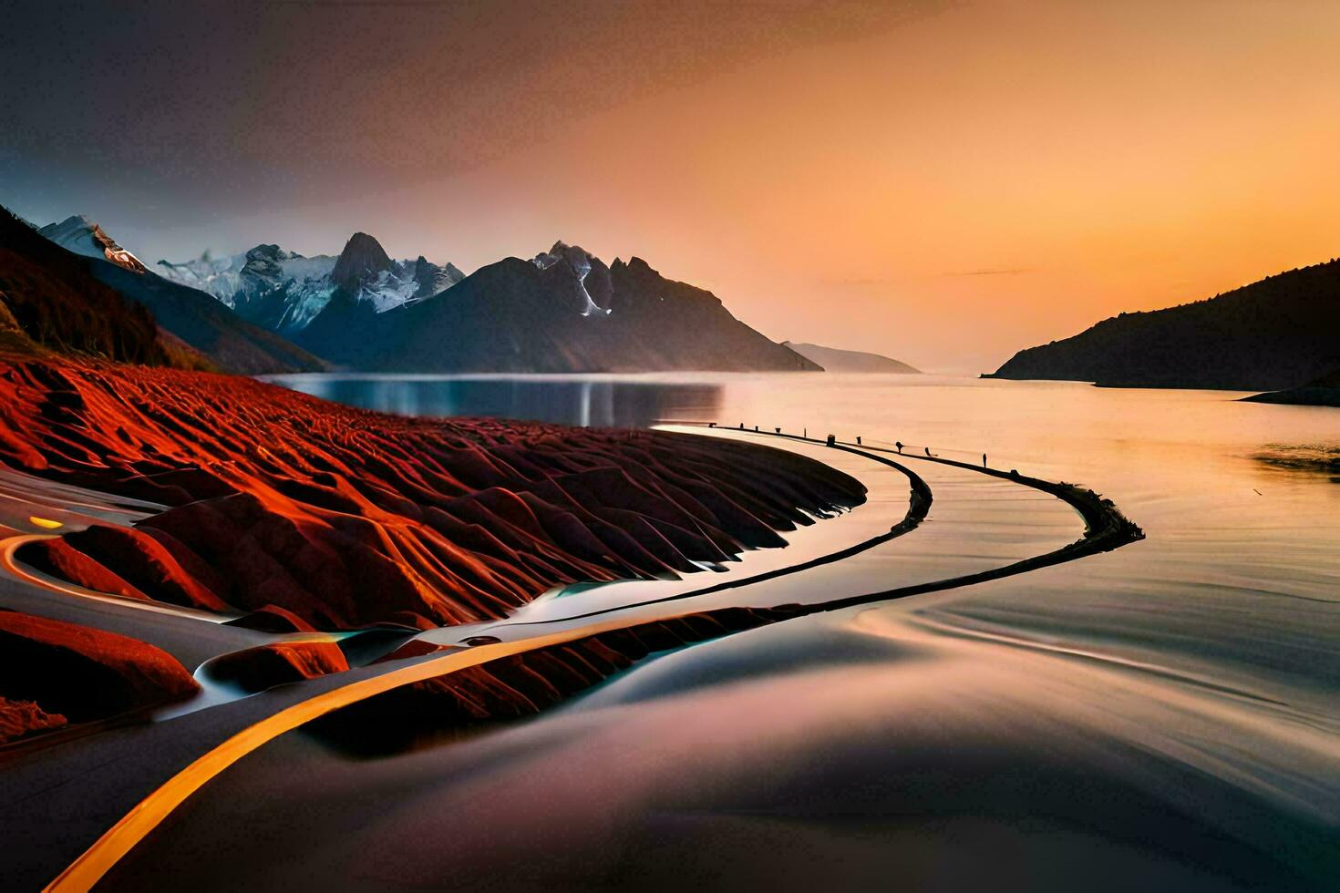 a long exposure photo of a road and water in front of mountains. AI-Generated