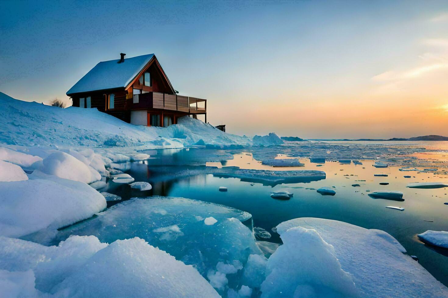 un casa se sienta en el apuntalar de un glacial lago. generado por ai foto