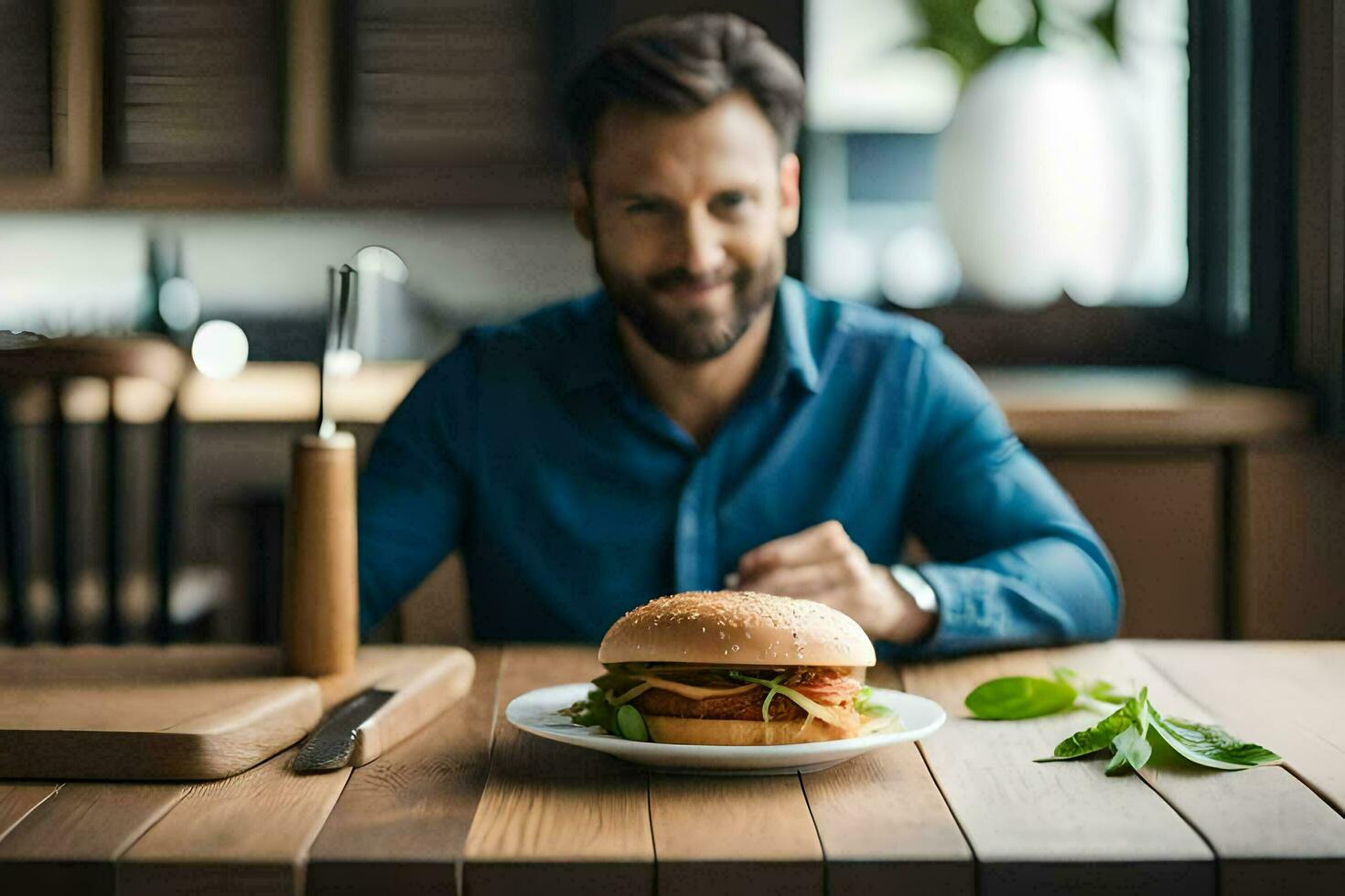 a man sits at a table with a burger and a knife. AI-Generated photo