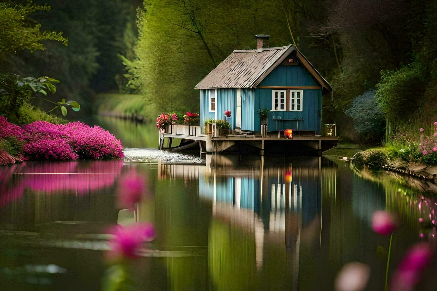 a small house on a small boat in the middle of a river. AI-Generated photo