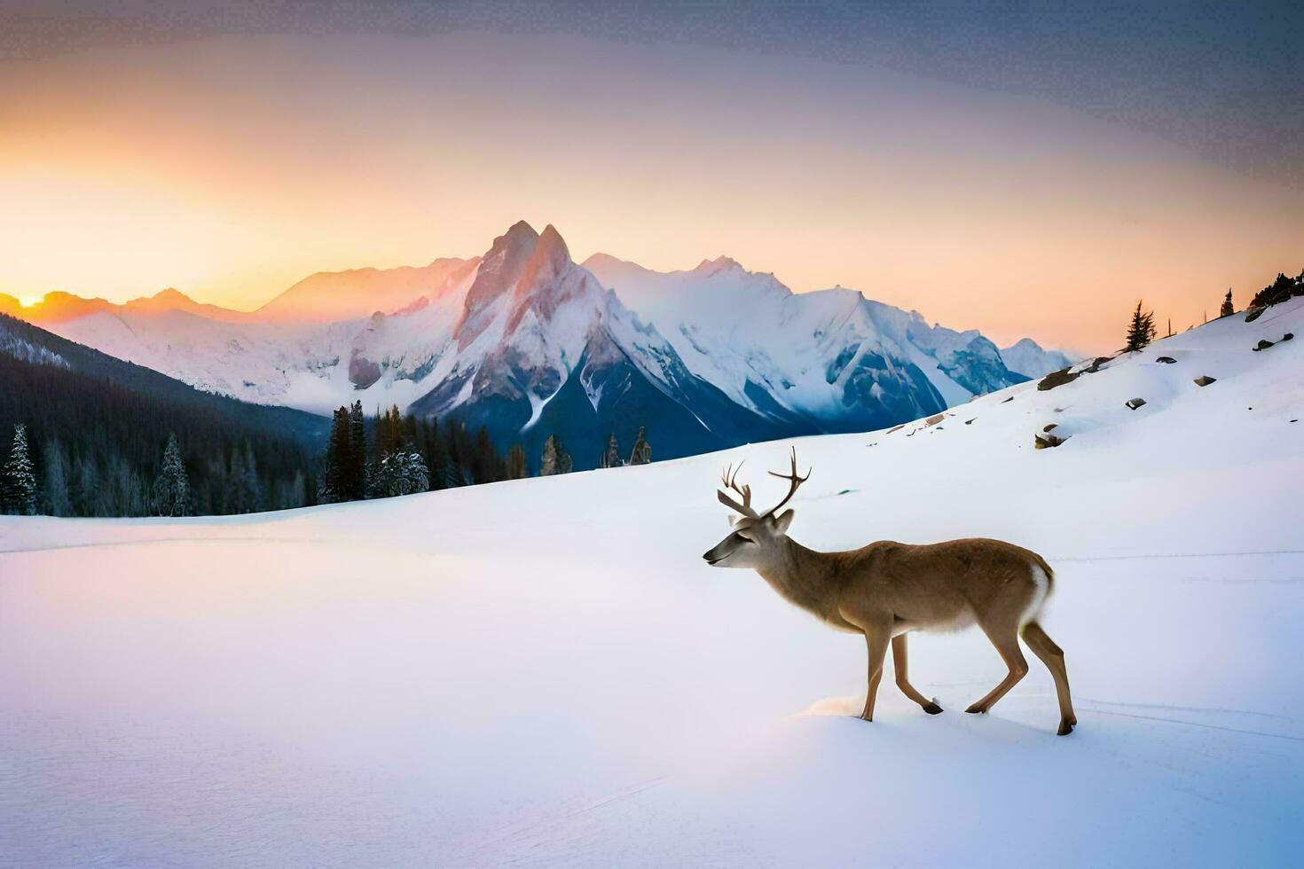 a deer stands in the snow at sunset. AI-Generated photo