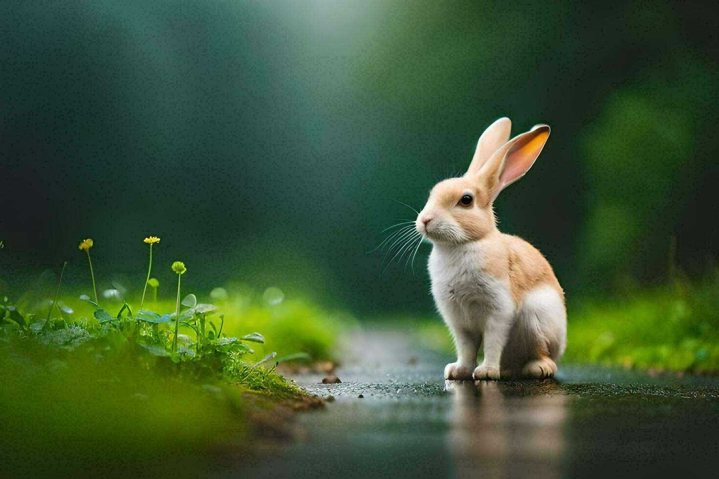 a rabbit sitting on the ground in the middle of a field. AI-Generated photo