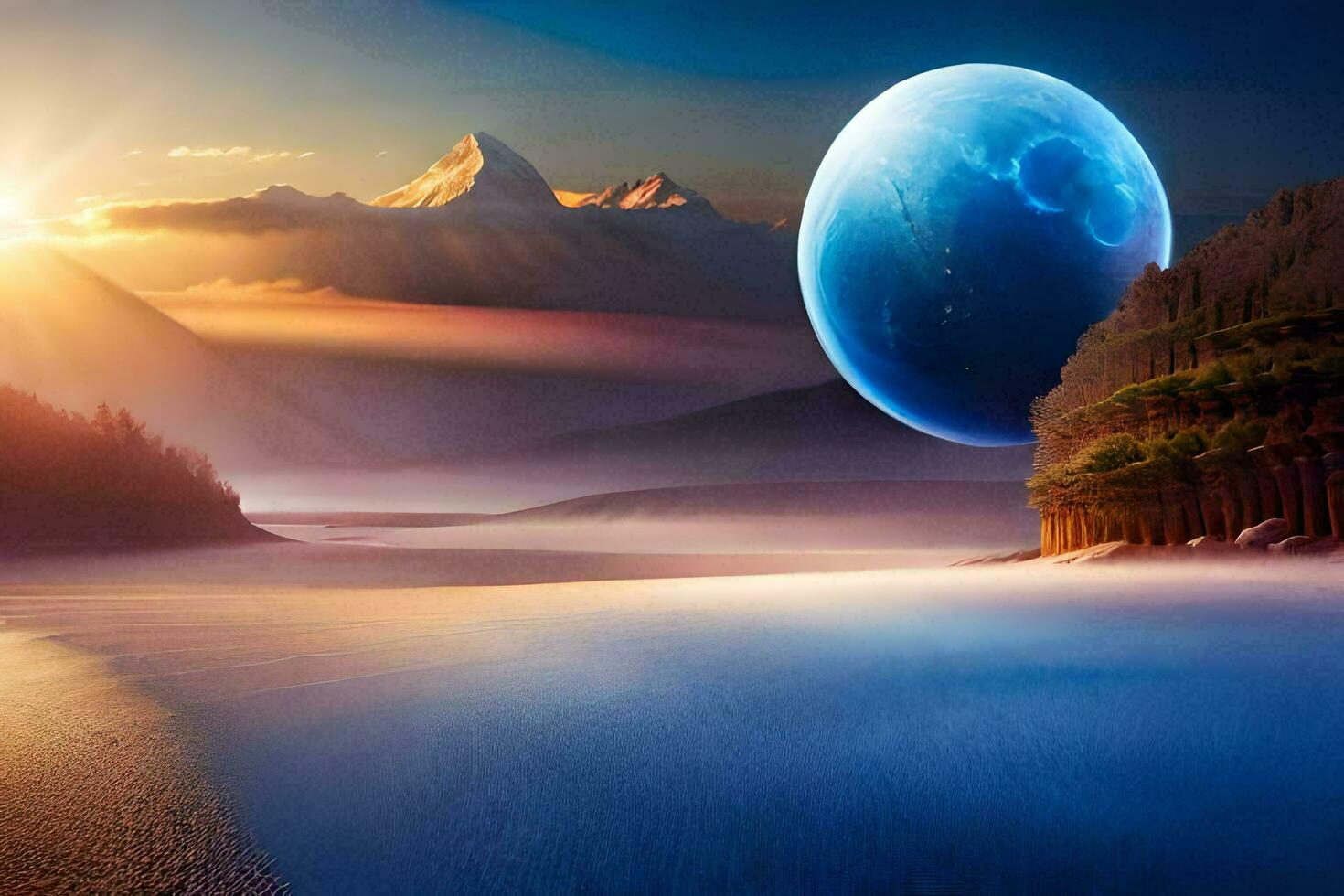 the sun is rising over a mountain and a blue planet. AI-Generated photo
