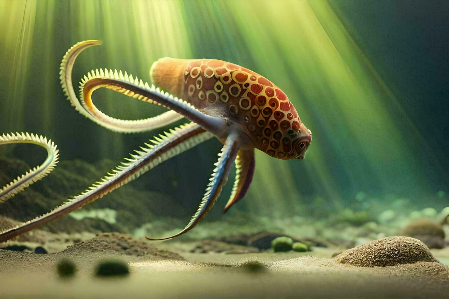 a squid with long tentacles swimming in the ocean. AI-Generated