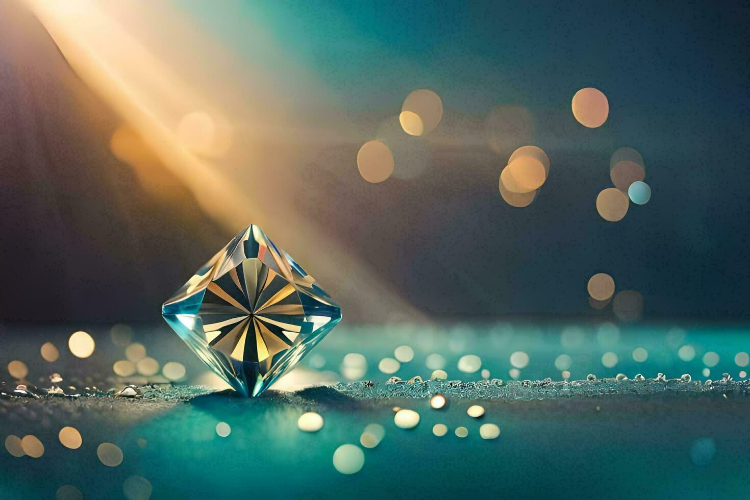 a diamond on a table with bokeh lights. AI-Generated photo