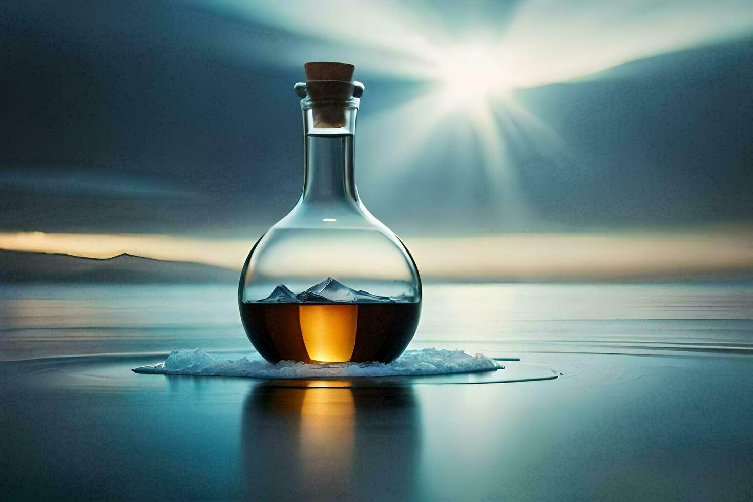 a bottle of whiskey in the ocean. AI-Generated photo