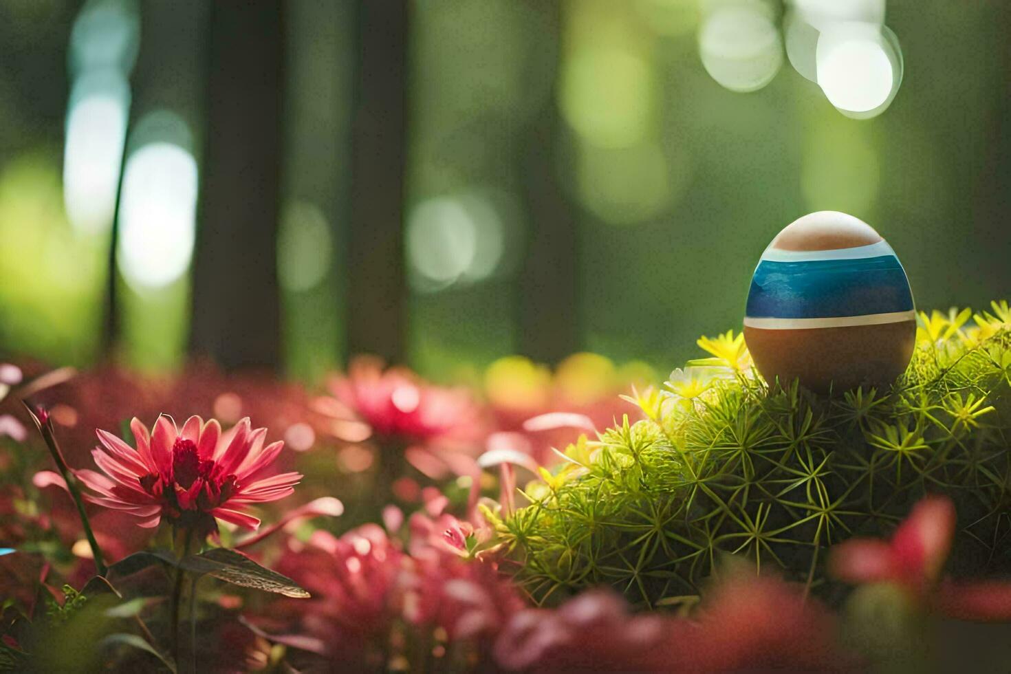 an easter egg is sitting on a mossy green grassy area. AI-Generated photo