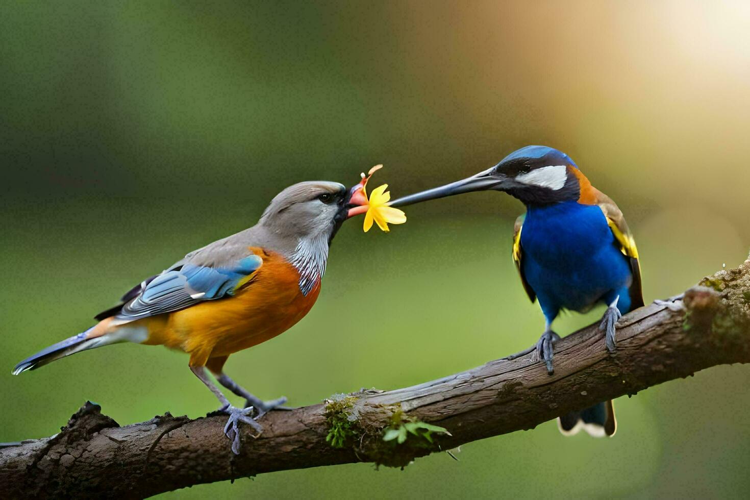 two birds are sitting on a branch with a flower. AI-Generated photo