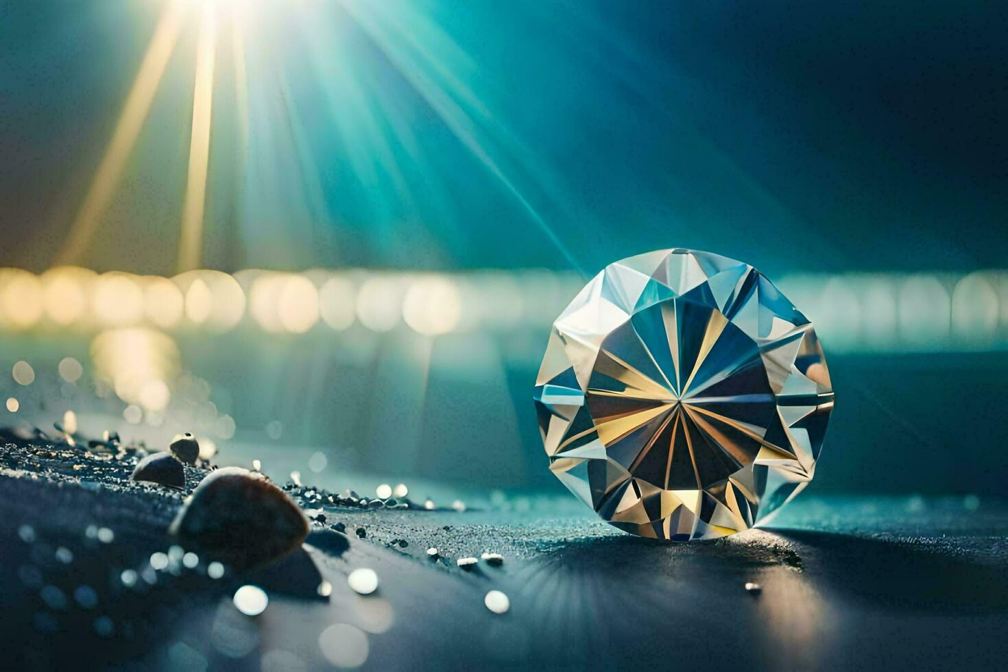 a diamond on the beach with a bright light shining. AI-Generated photo