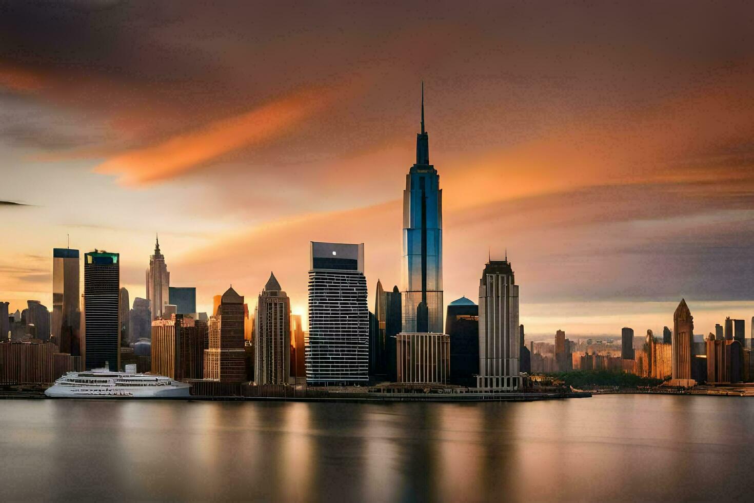 el horizonte de nuevo York ciudad a puesta de sol. generado por ai foto