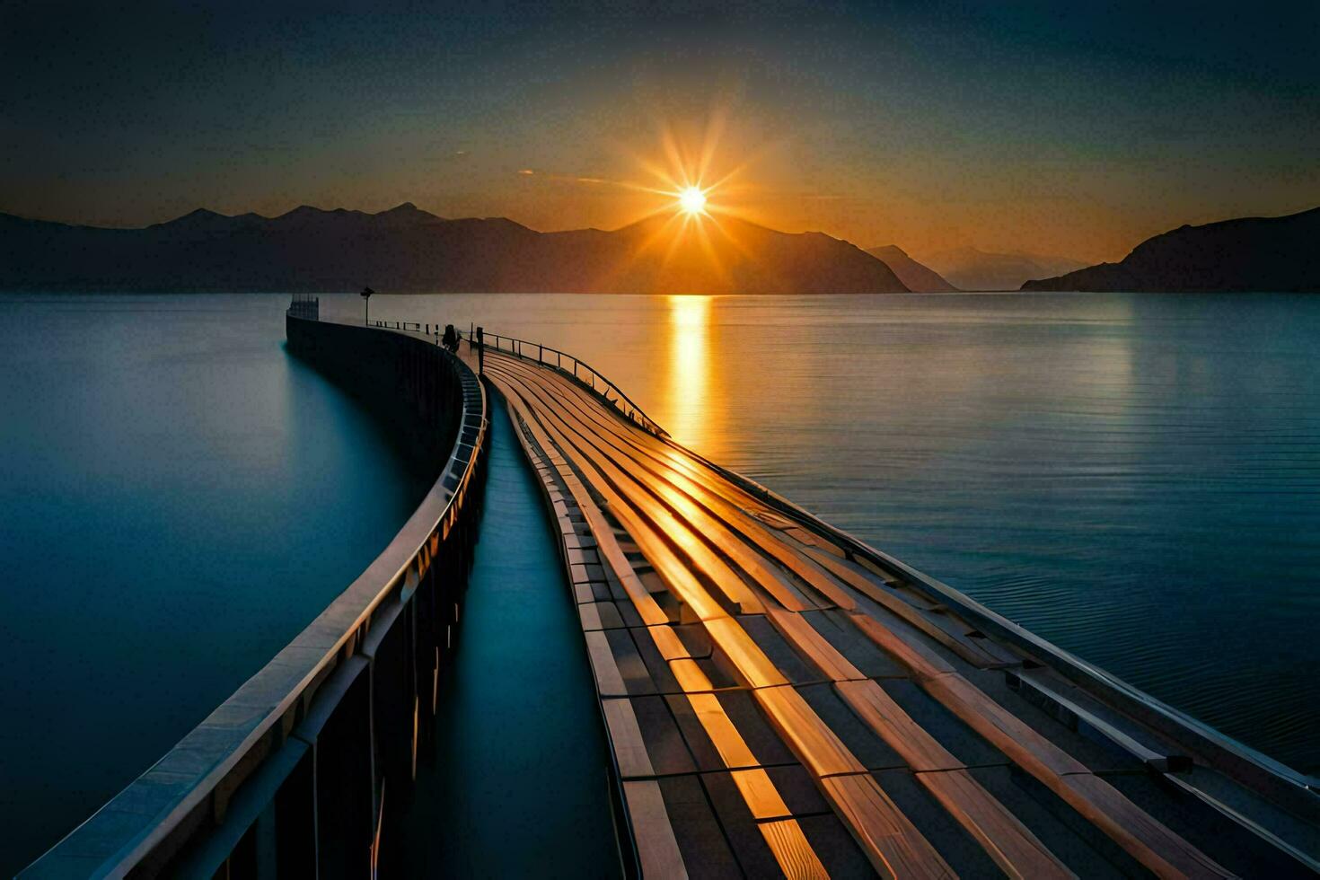 a pier at sunset with the sun shining. AI-Generated photo