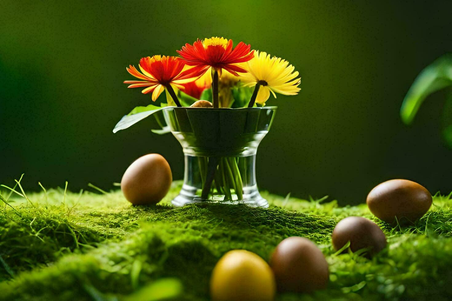 easter eggs in a vase on a green background. AI-Generated photo
