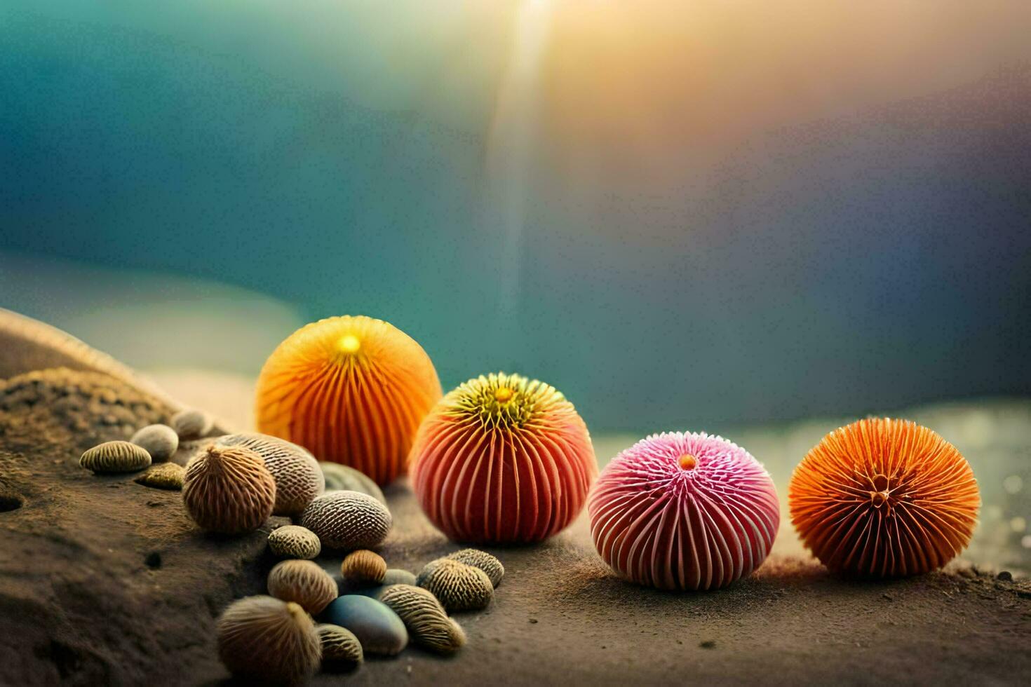 colorful sea shells and pebbles on the beach. AI-Generated photo