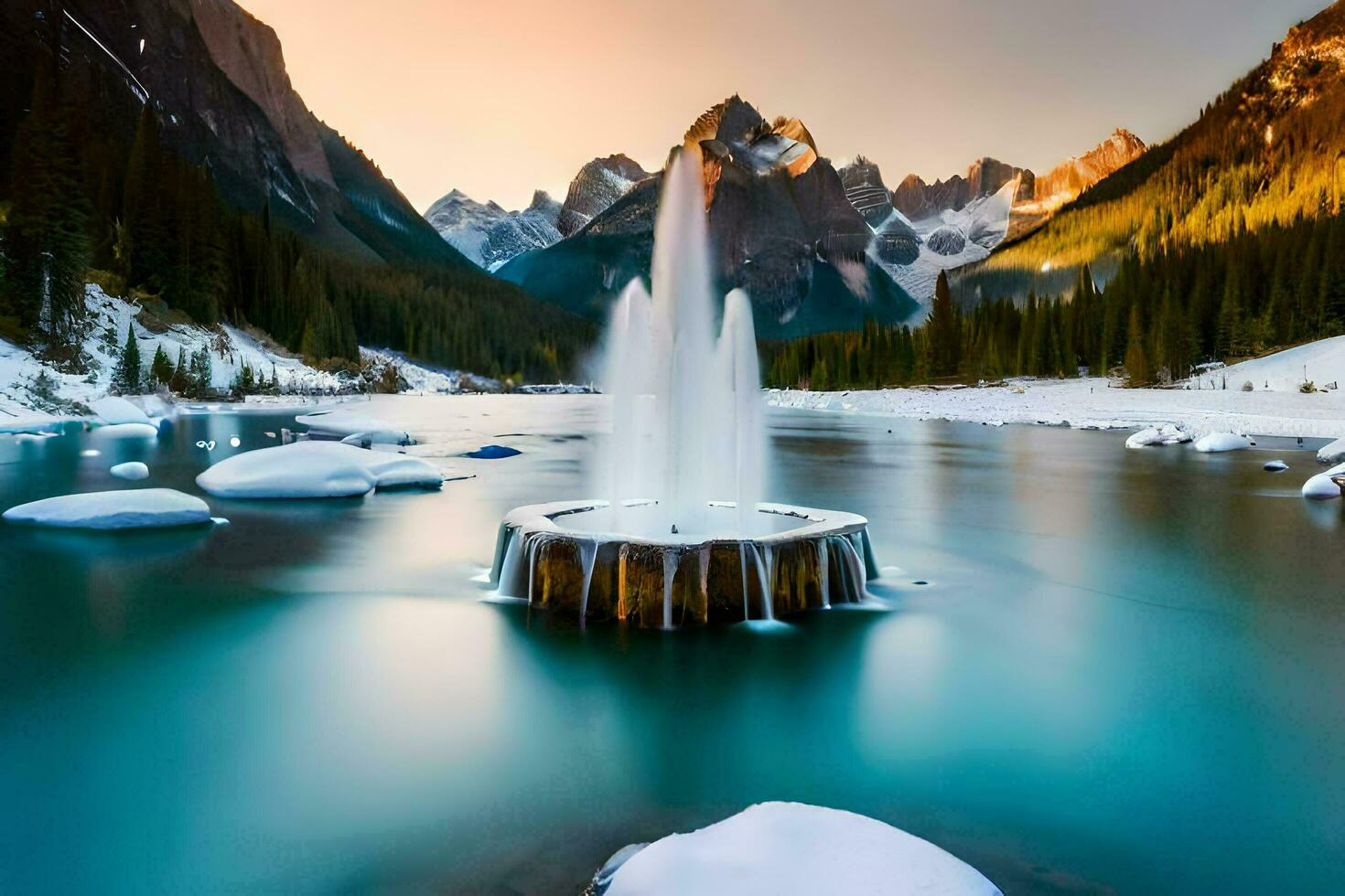 un fuente en el medio de un lago rodeado por nieve. generado por ai foto