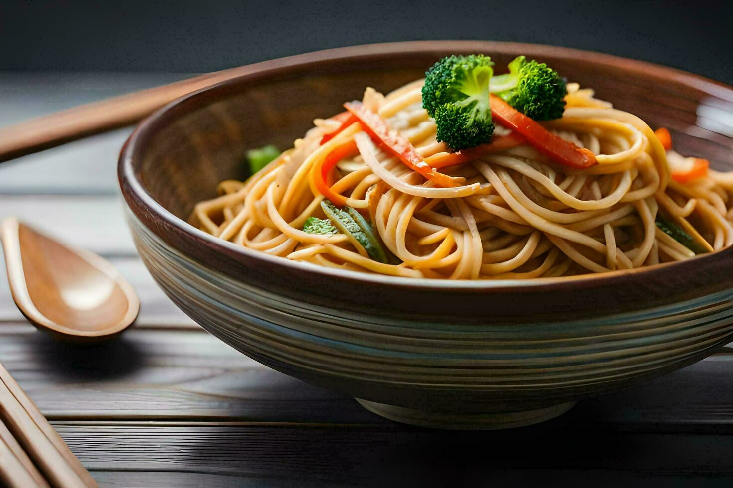 chinese noodles in a bowl with chopsticks. AI-Generated photo