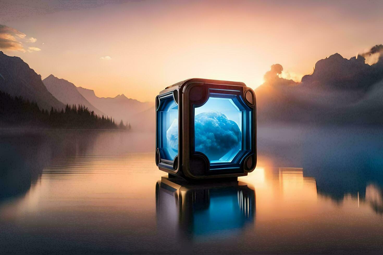 a blue box sitting on the water with mountains in the background. AI-Generated photo