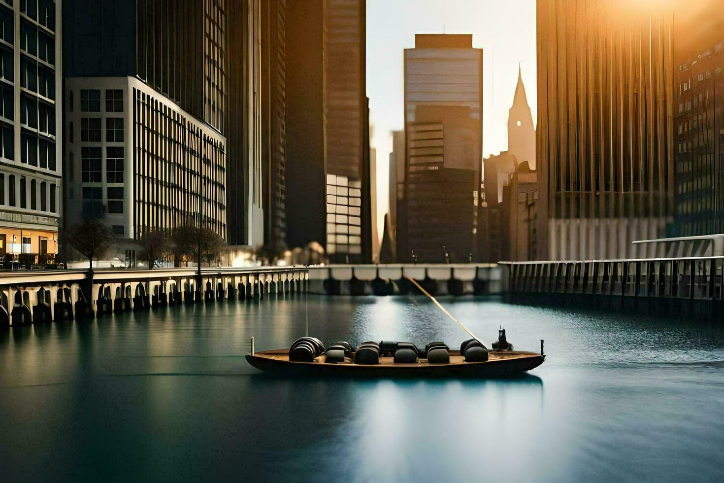 a boat is floating down a river in front of tall buildings. AI-Generated photo