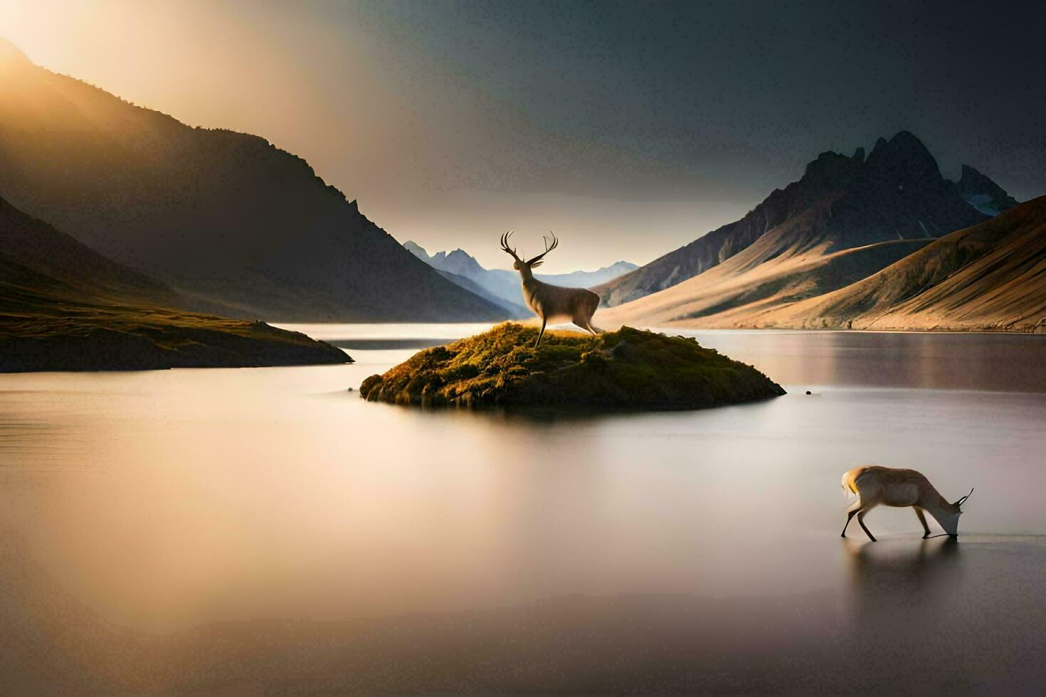 two deer standing on a small island in a lake. AI-Generated photo