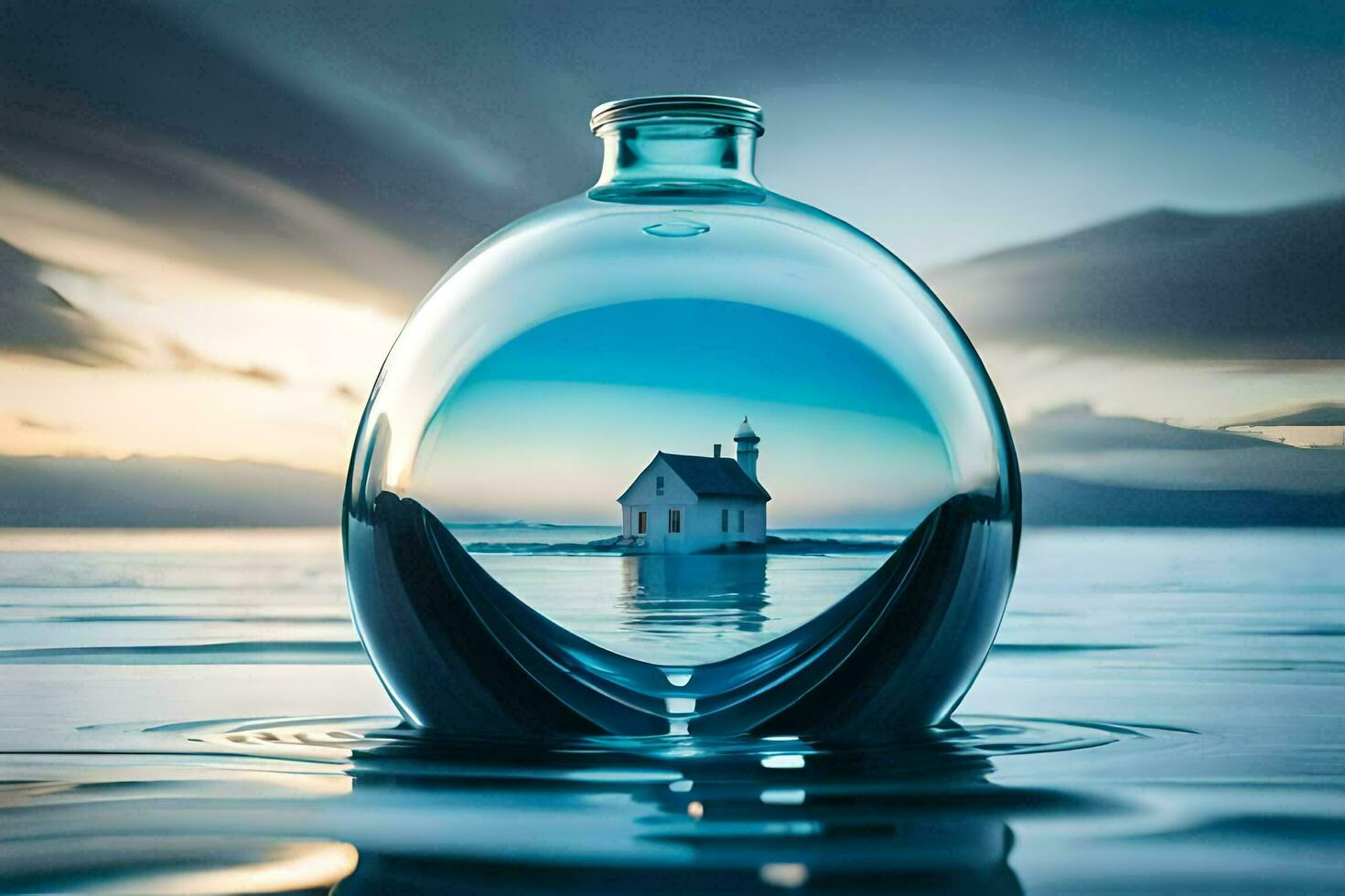 a house in a bottle on the water. AI-Generated photo