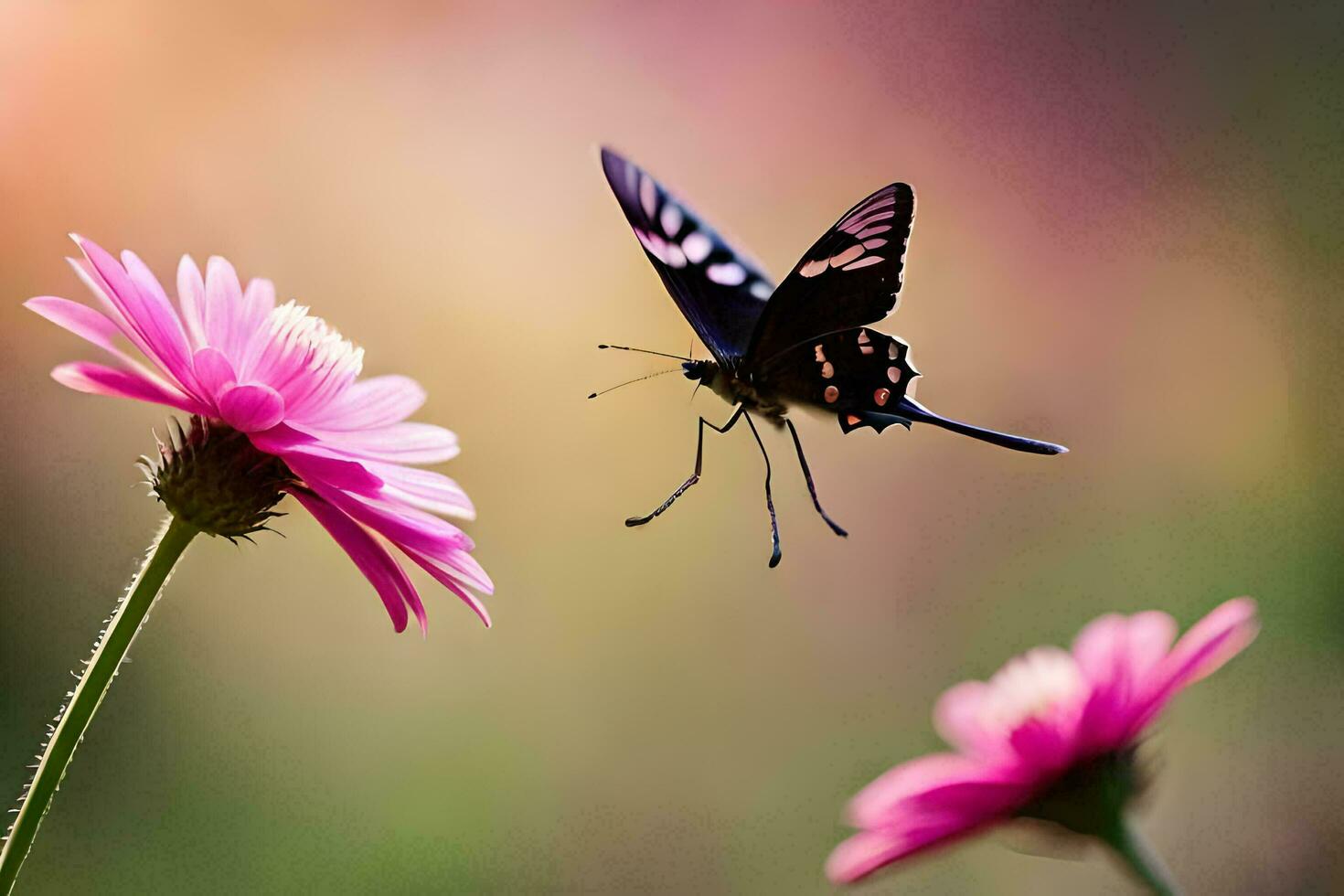 a butterfly is flying over pink flowers. AI-Generated photo