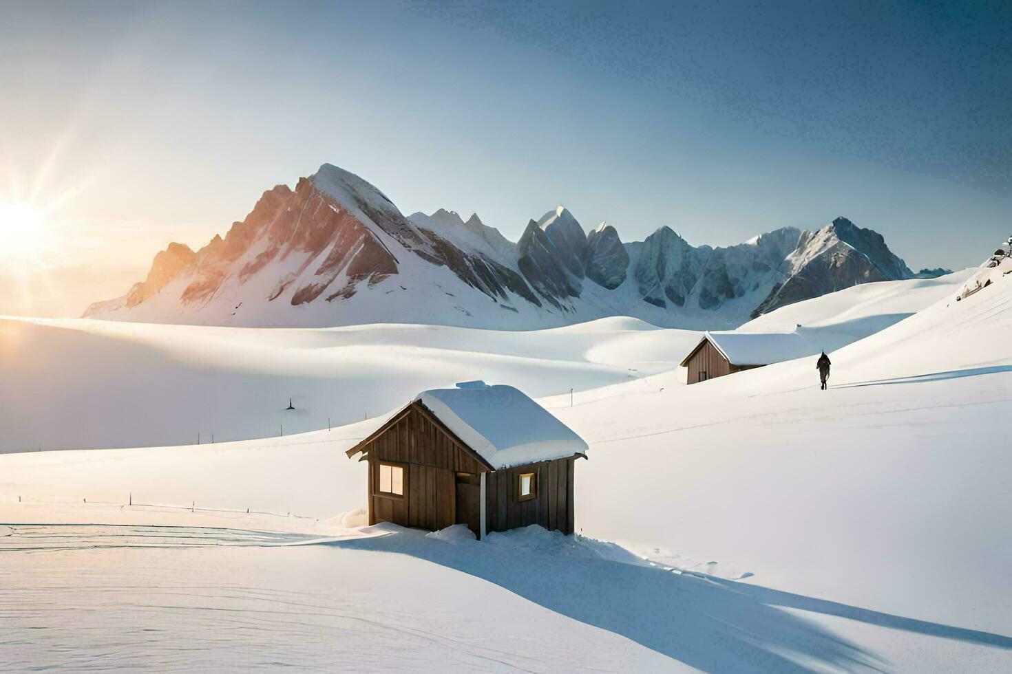 a cabin in the snow with mountains in the background. AI-Generated photo