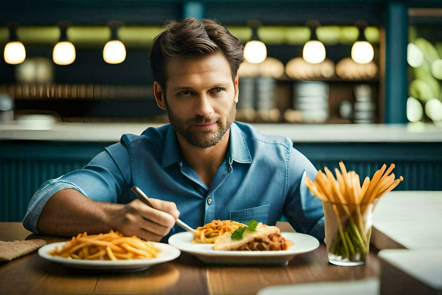 a man eating pasta and fries at a restaurant. AI-Generated photo