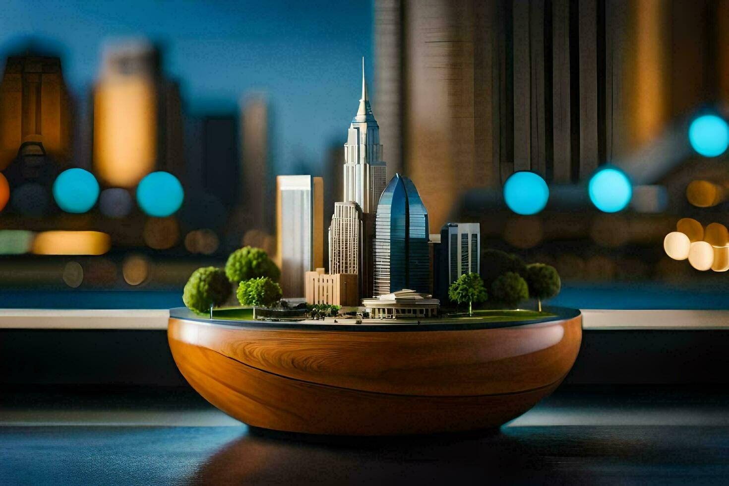 a miniature city in a bowl on a table. AI-Generated photo