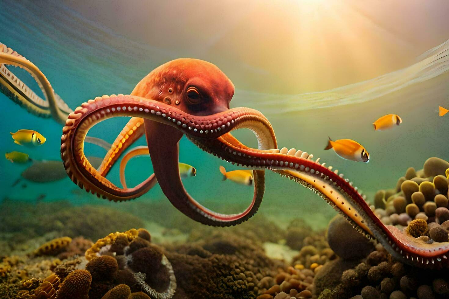 an octopus swimming in the ocean with coral. AI-Generated photo