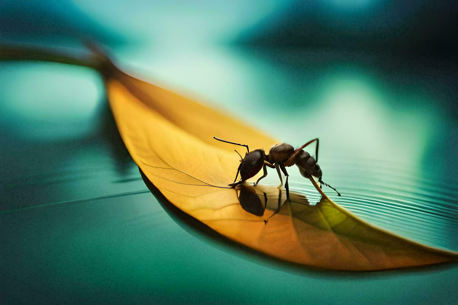 un pequeño insecto sentado en un hoja en agua. generado por ai foto