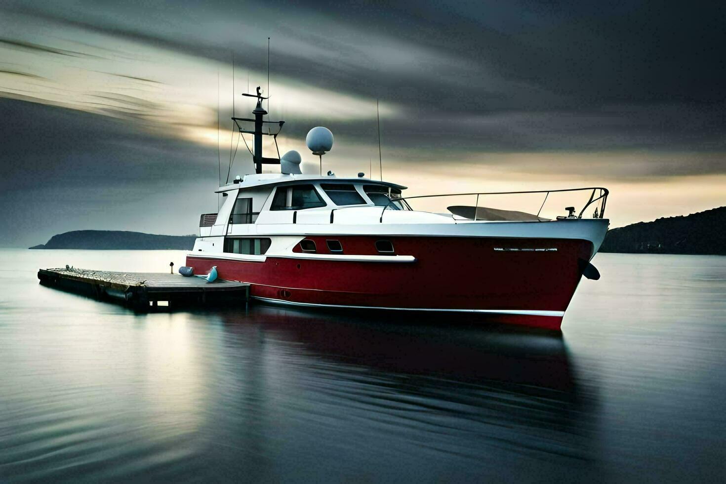 a red and white boat is docked at the dock. AI-Generated photo