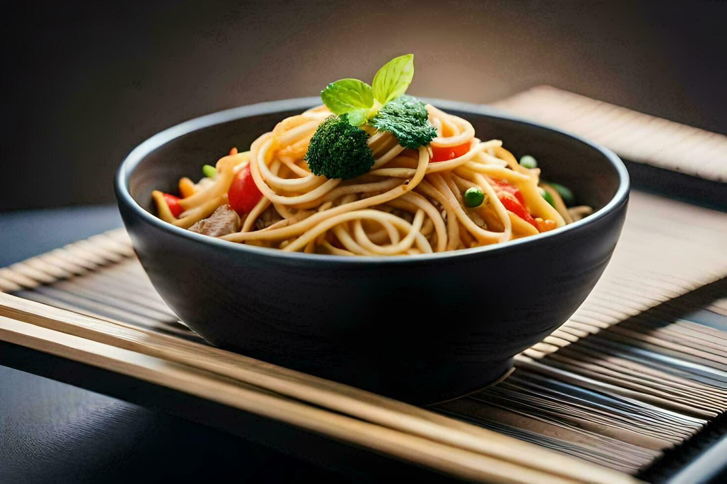 chopsticks and noodles in a bowl. AI-Generated photo
