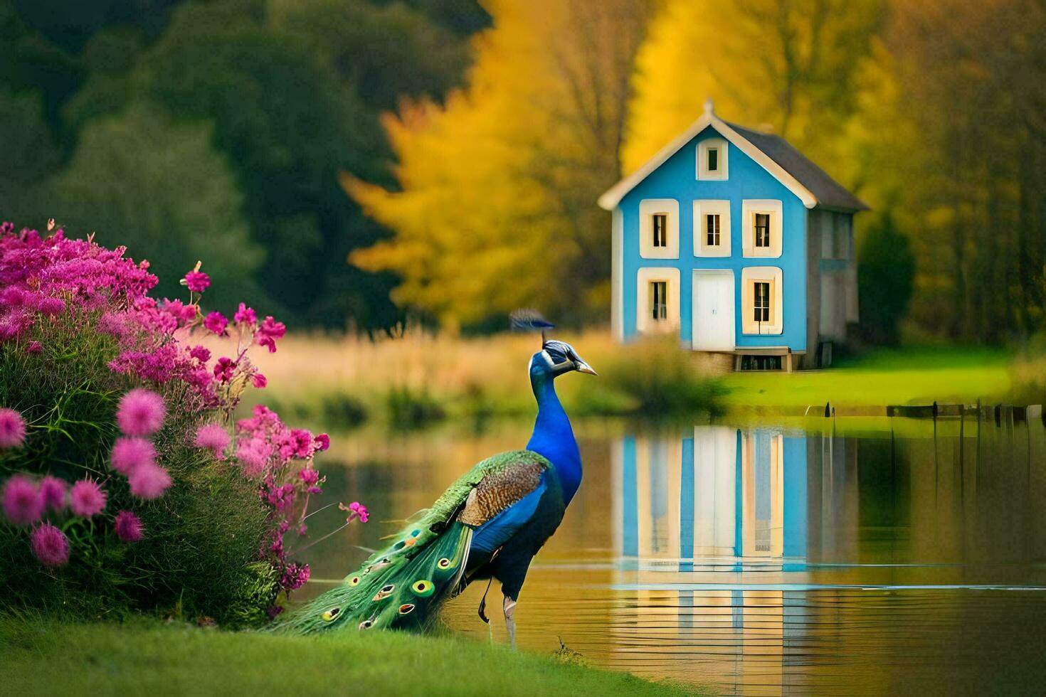 peacock in the water. AI-Generated photo