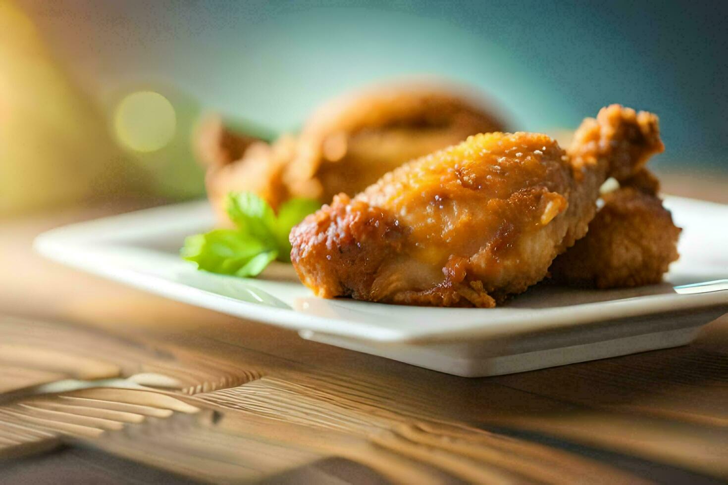 a plate of fried chicken on a wooden table. AI-Generated photo
