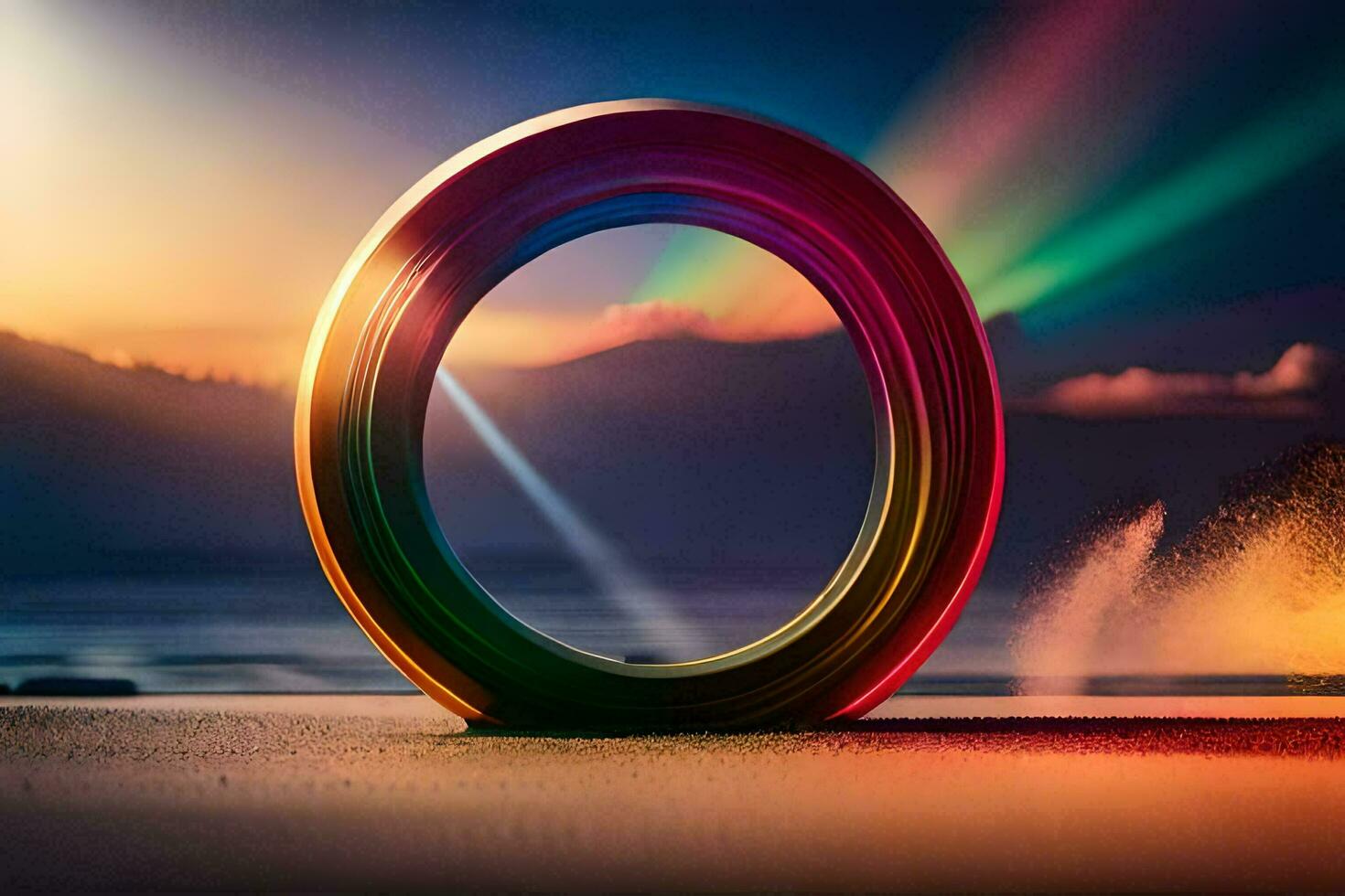 a rainbow colored ring is sitting on the beach. AI-Generated photo