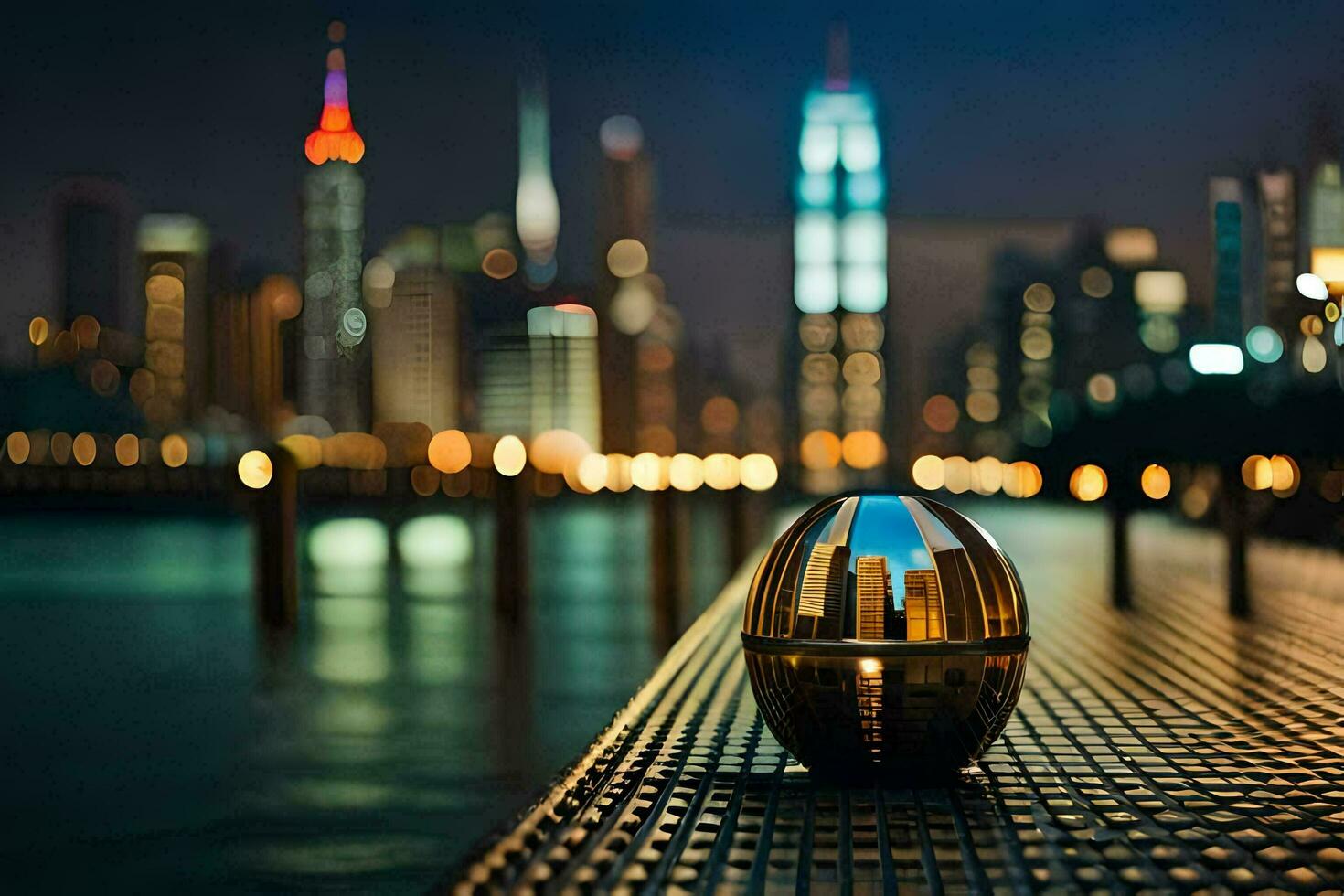 a ball sitting on a dock with a city in the background. AI-Generated photo